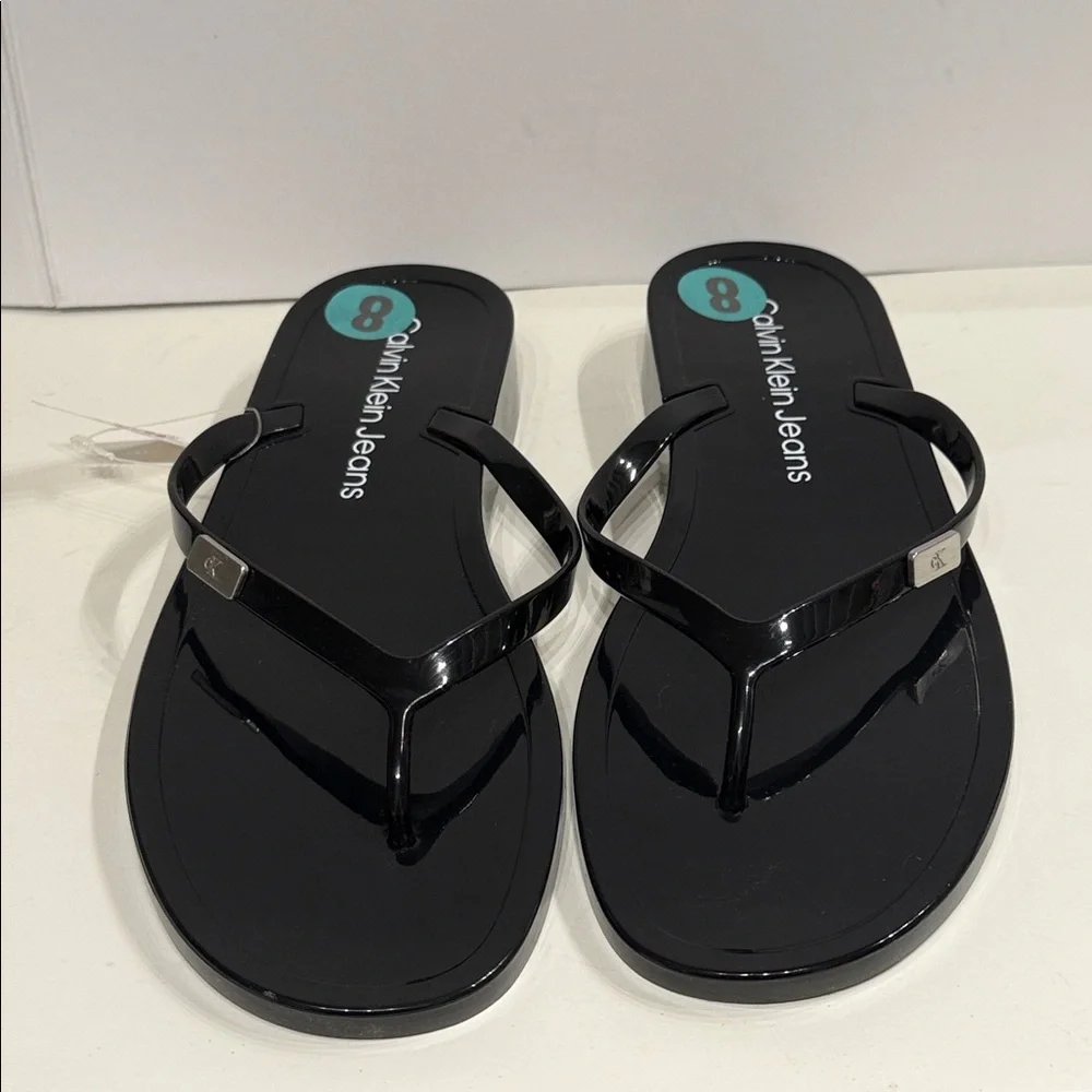 Calvin Klein Jeans Glossy Black Flip Flops thong sandals Women's NEW with tag - Picture 2 of 13